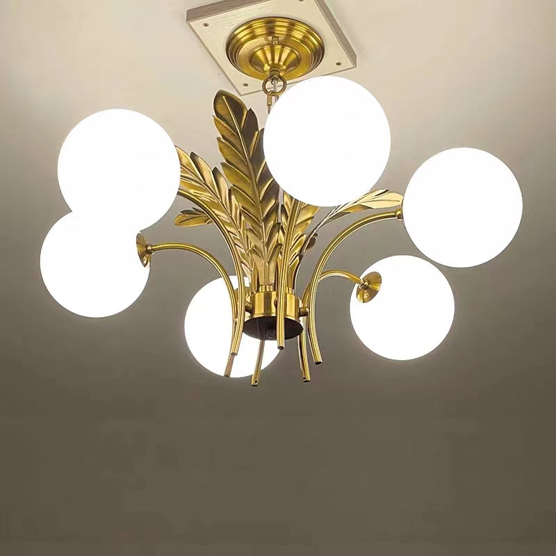 Modern Sputnik White Glass Sphere Golden Feather Chandelier for Living Room/Bedroom/Entryance