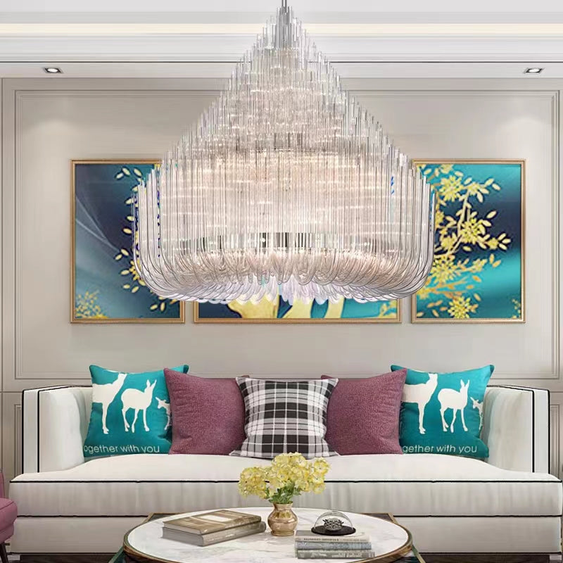 Extra Large Modern Tiers Clear Crystal Tubes Chandelier for Living Room/Hotel Lobby