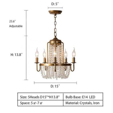 5Heads: D15.0"*H13.8" chandelier,chandeliers,cruystal,candle,branch,gold,finish,round,luxury,retro,bedroom,foyer,living room,dining room