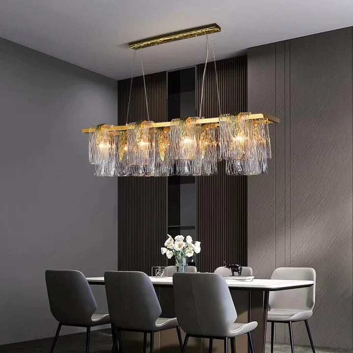 Light Luxury Irregular Glass Slice Chandelier Suit in Brass Finish for Living Room/ Ding Room/ Bedroom, glass, round, rectangle, gold