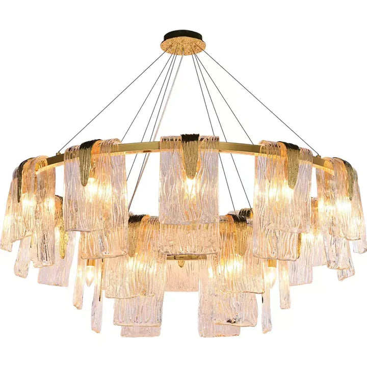 Light Luxury Irregular Glass Slice Chandelier Suit in Brass Finish for Living Room/ Ding Room/ Bedroom, glass, round, rectangle, gold