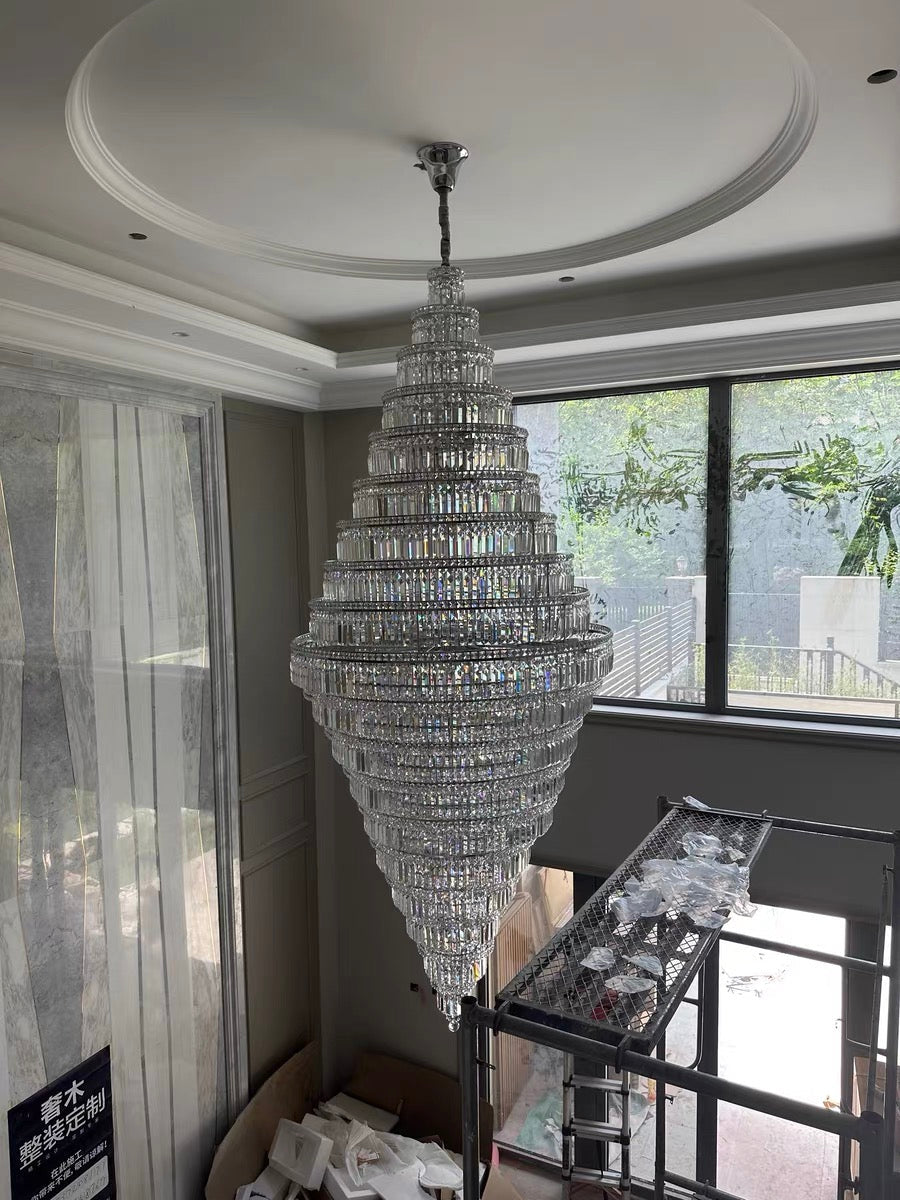 Chrome Extra Large Crystal Chandelier for Foyer Staircase Living Room Entrance Ceiling Light Fixture In Silver