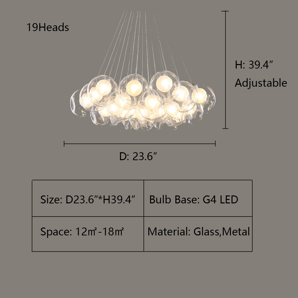 19Heads: D23.6"*H39.4" 28.61 Round Pendant Chandelier,chandelier,chandeliers,pop,bubble,glass,chain,round,ball,art,oversize,huge,big,long table,big table,extra large,cute,magic,girls' bedrom