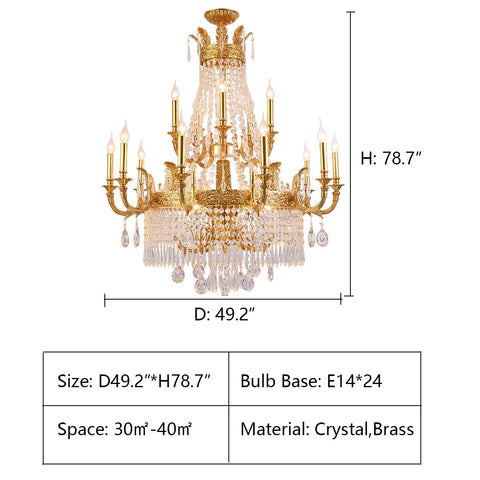 3 layers: D49.2*H78.7" Large Oversized Luxury Golden Metal Brass  Candle Crystal Tassel Chandelier  For High-ceiling Staircase/Entryway/Hallway/Living/Meeting Room