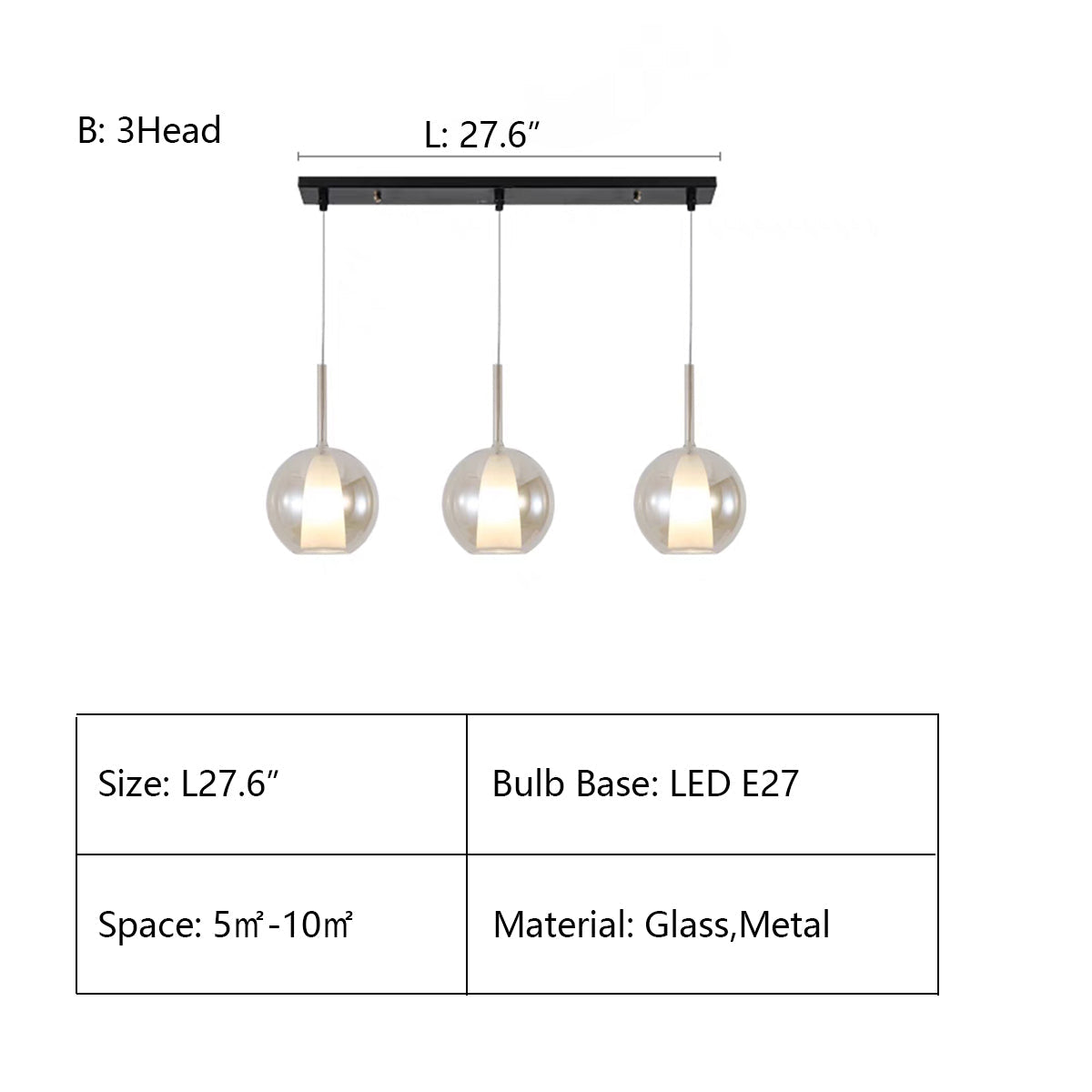 B: 3Heads L27.6" chandelier,chandeliers,glass,gray,clear,Cognac,metal,pendant,stairs,high-ceiling room,bedroom,kitchen island,big table,long table,entrys,foyer