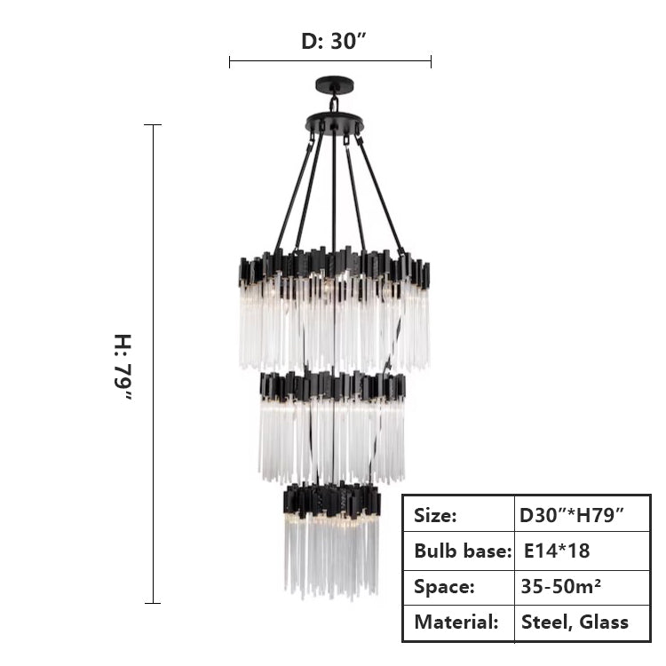 D30"*H79"Large Elegant Multi-layers Glam Glass Metal Edging Chandelier for High-ceiling Staircase/Entryway/Living/meeting Room