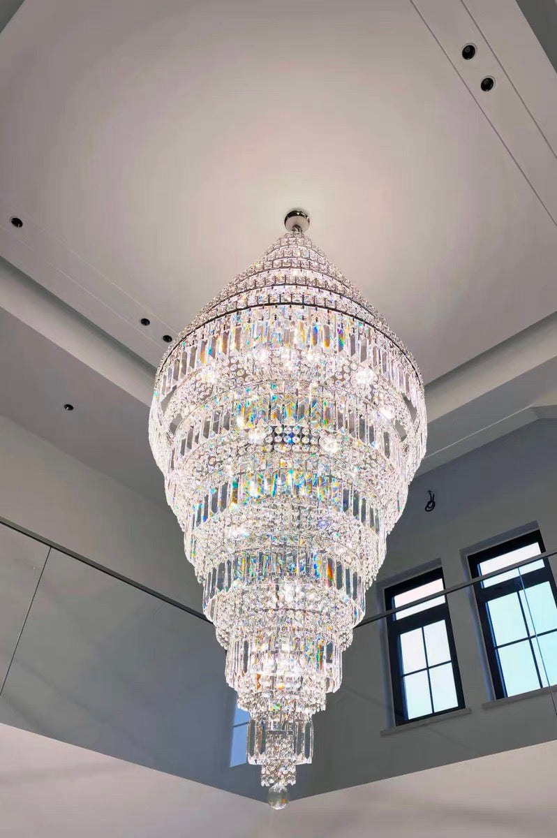 Chrome Extra Large Crystal Chandelier for Foyer Staircase Living Room Entrance Ceiling Light Fixture In Silver