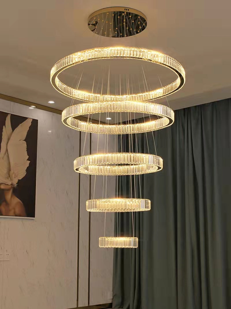 Huge Modern Front Entryway Luxury Chandelier 5 Rings Crystal Gold/ Chrome Finish Ceiling Lamp For Hotel Hallway Entrance High Ceiling