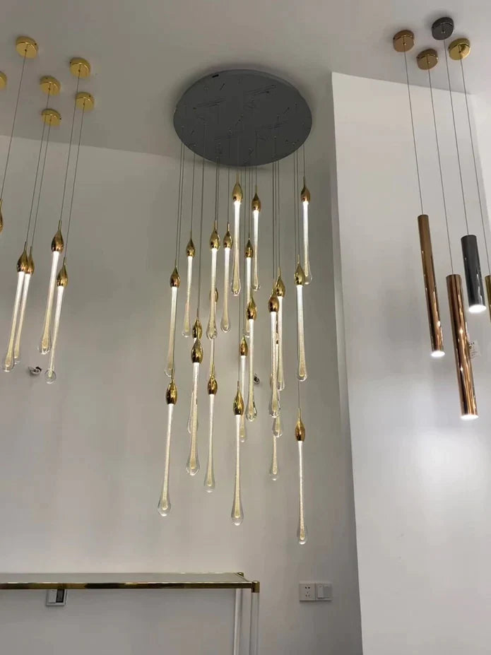 Modern Long Gold Glass Raindrop Rod Pendant Light for Staircase/High-ceiling room