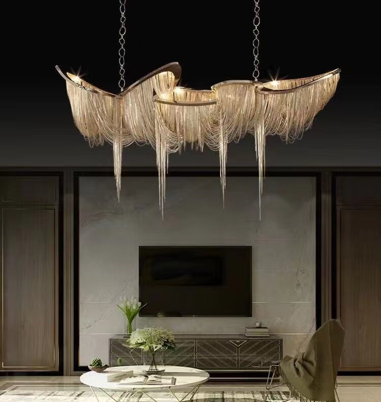 Luxury Tassel Linear Art Crystal Chandelier Italian Gold/Sliver Ceiling Dining Table Light Fixture