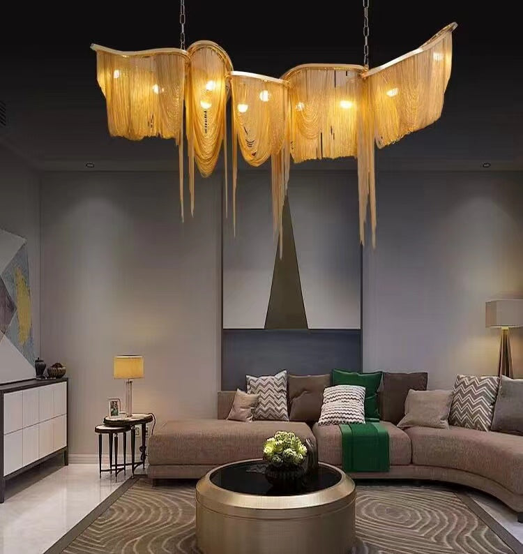 Luxury Tassel Linear Art Crystal Chandelier Italian Gold/Sliver Ceiling Dining Table Light Fixture