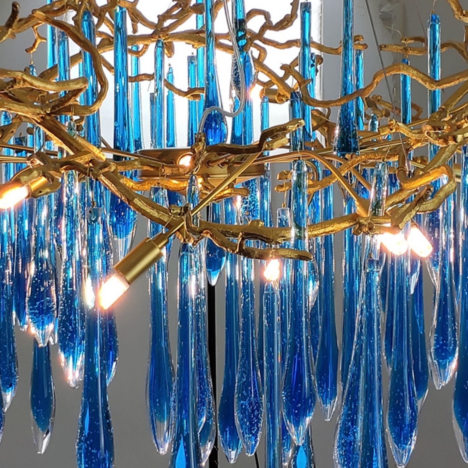 Elegant Blue Crystal Drops Chandelier Brass Branch Style Pendant Light For Living/ Dining Room