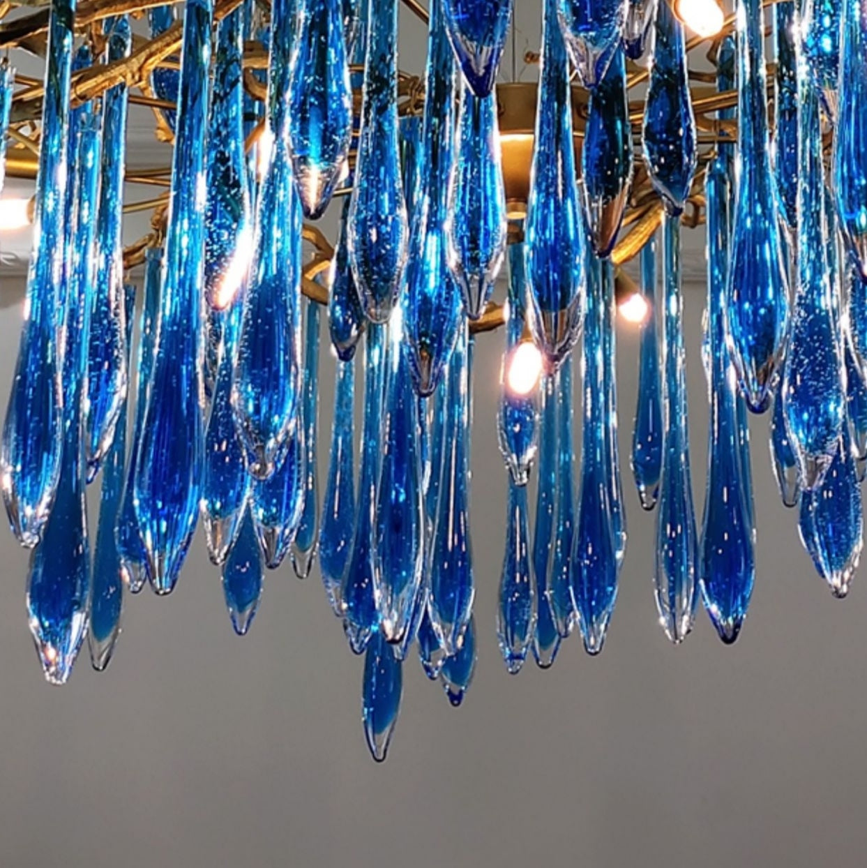 Elegant Blue Crystal Drops Chandelier Brass Branch Style Pendant Light For Living/ Dining Room