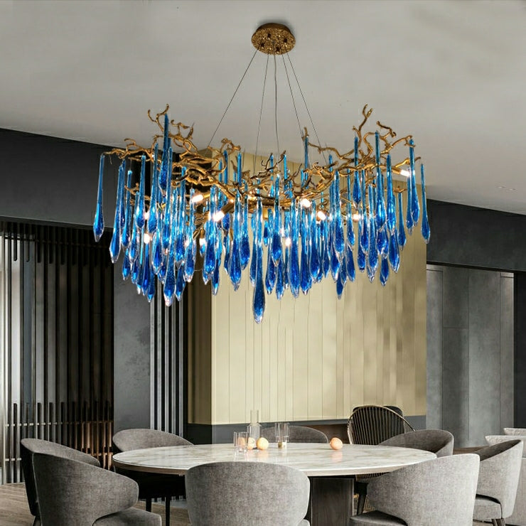 Elegant Blue Crystal Drops Chandelier Brass Branch Style Pendant Light For Living/ Dining Room