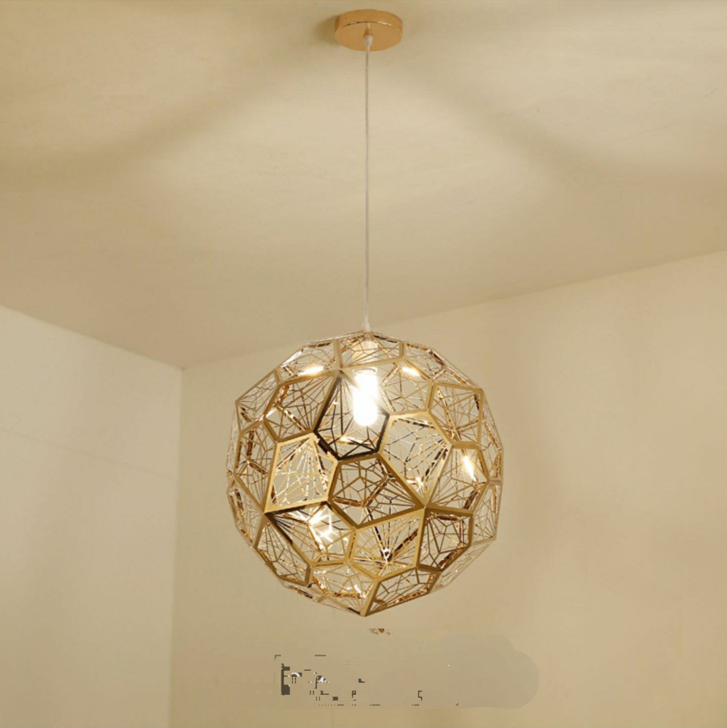 Elegant Italian Designer Single 1-Light Textured Geometric Pendant Lamp With Bulbs Diamond Ball Shaped Ceiling Light Fixture In Gold Finish