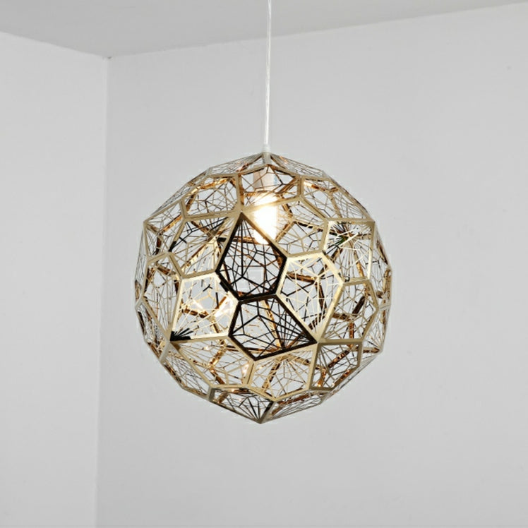 Elegant Italian Designer Single 1-Light Textured Geometric Pendant Lamp With Bulbs Diamond Ball Shaped Ceiling Light Fixture In Gold Finish