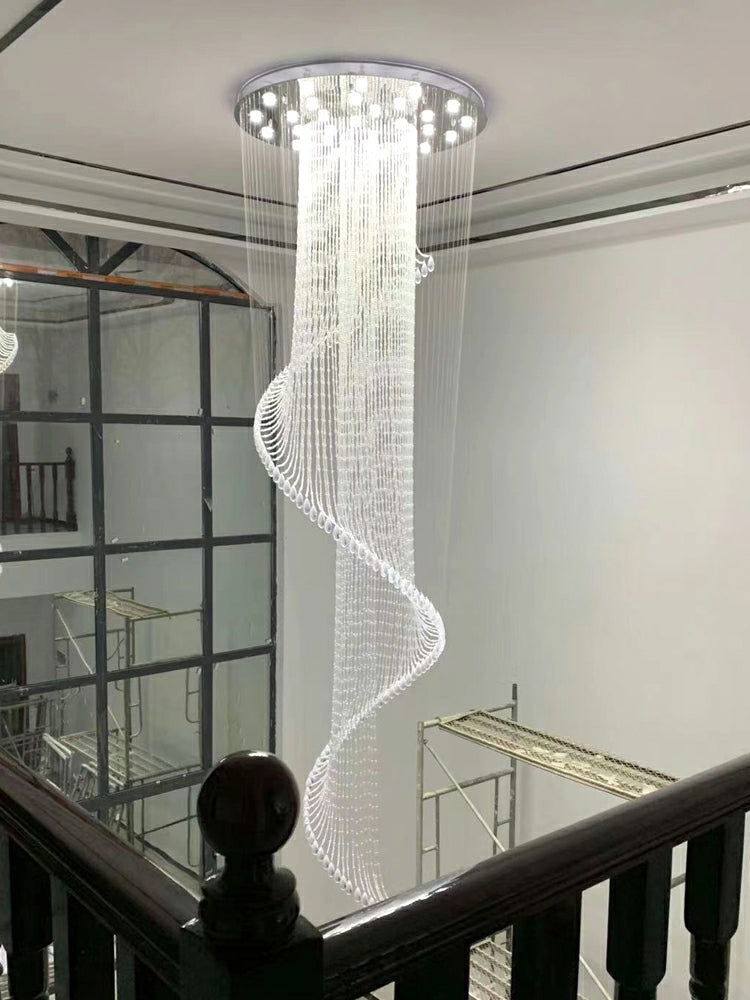 Flush Mounted Spiral Crystal Drops Chandelier Round LED Ceiling Lighting Fixture For Foyer Staircase/ Hotel Entrance