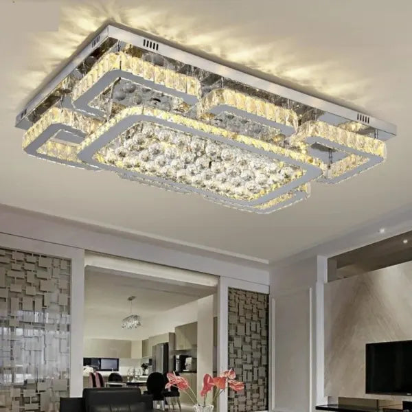 Luxury Rectangular Dimmable Crystal  Flush Mount Chandelier