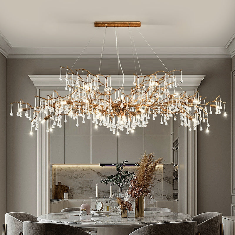 New Style Extra Large Brass Branch Chandelier Light Crystal Drops Pendant Lamp For Living/ Dining Room