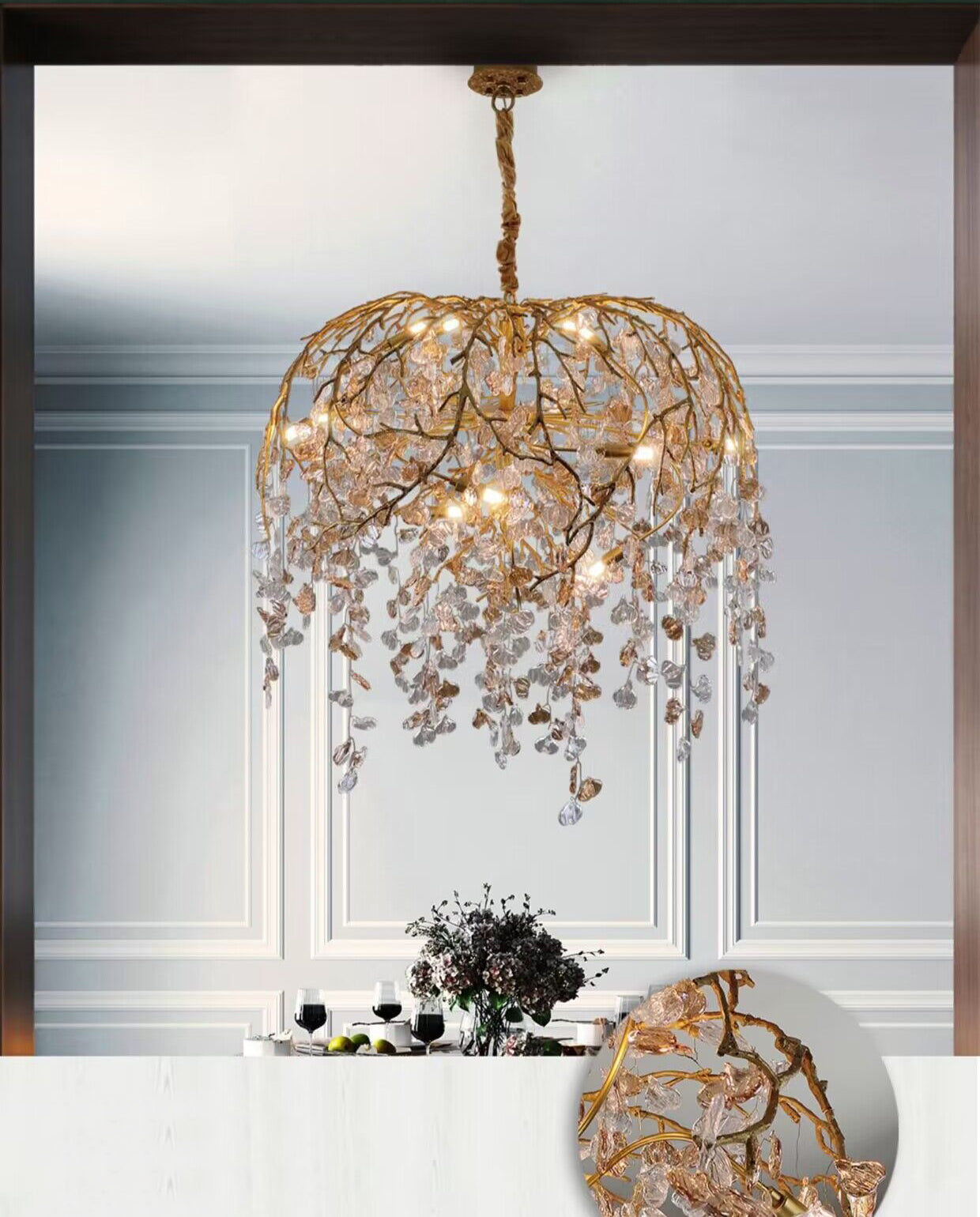 Modern Luxury Leaf Branch Crystal Chandelier Art Copper for Living/Dining Room/Bedroom