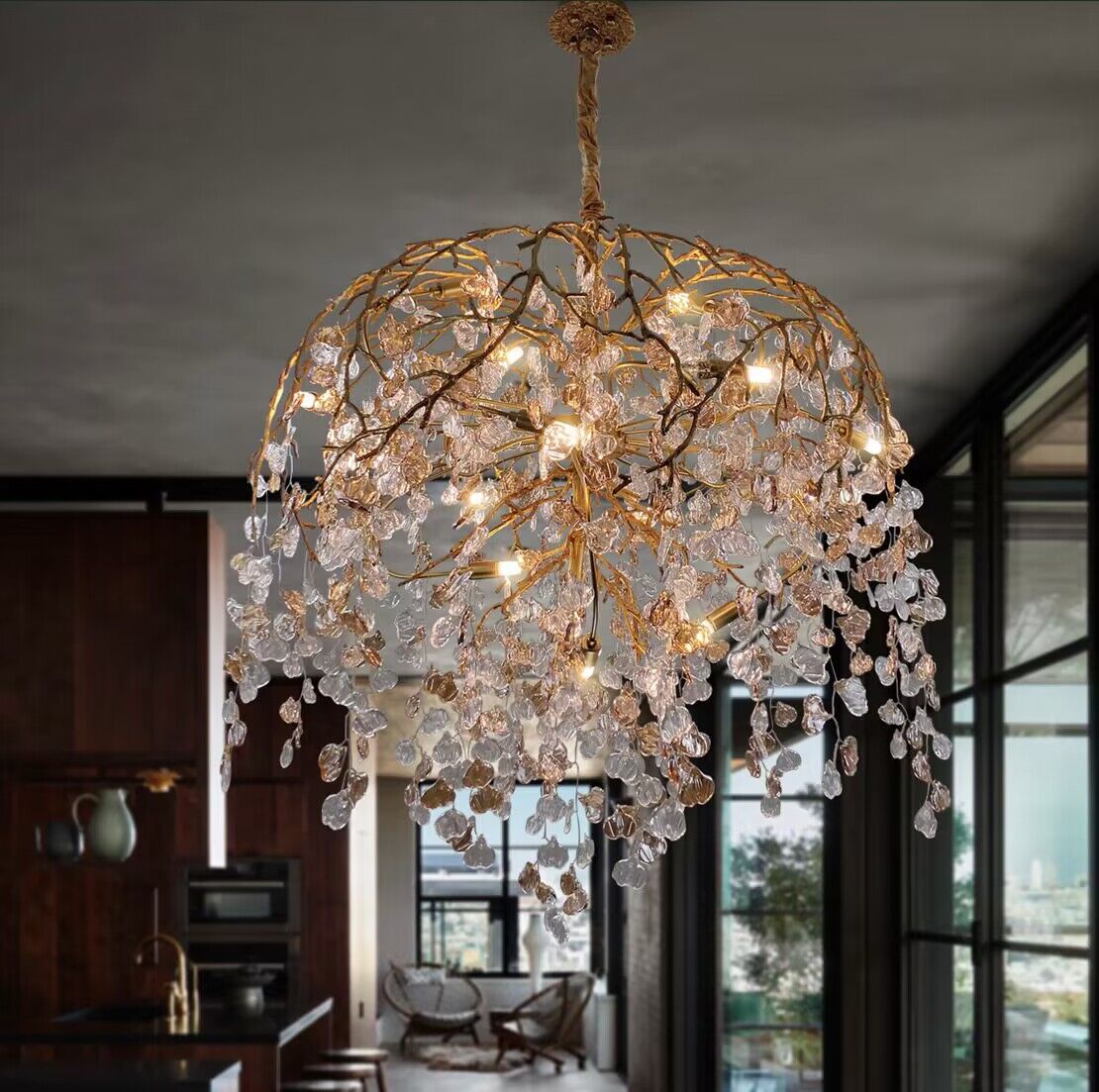 Modern Luxury Leaf Branch Crystal Chandelier Art Copper for Living/Dining Room/Bedroom