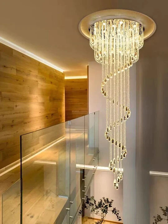 extra large, oversized, luxury, crystal, stainless steel, staircase,spiral,cascade, modern, chandelier, duplex building, China, shining