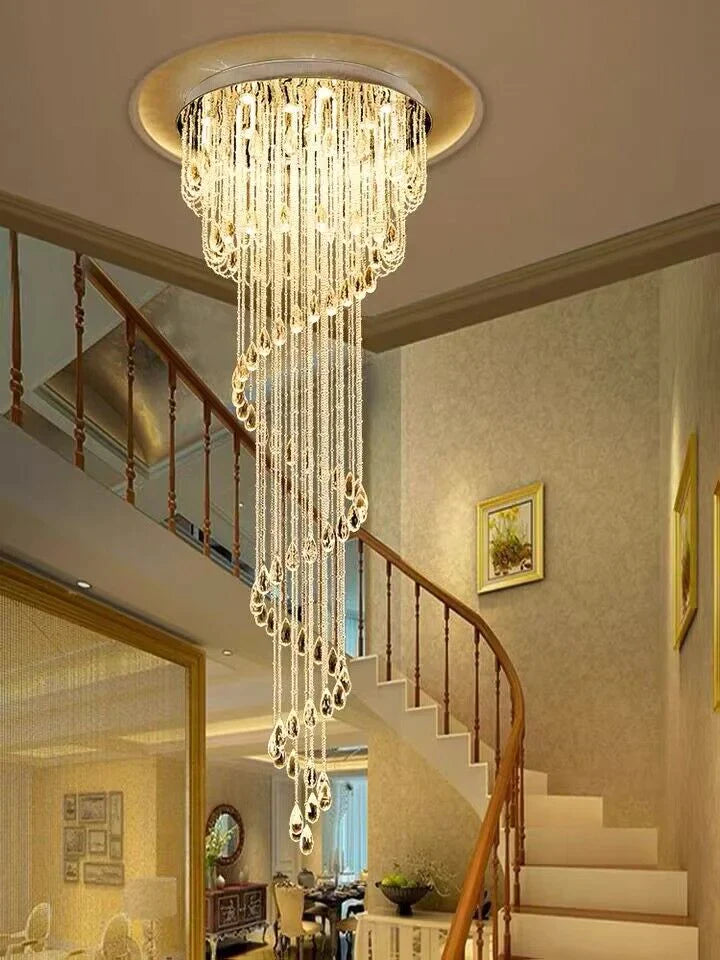 extra large, oversized, luxury, crystal, stainless steel, staircase,spiral,cascade, modern, chandelier, duplex building, China, shining