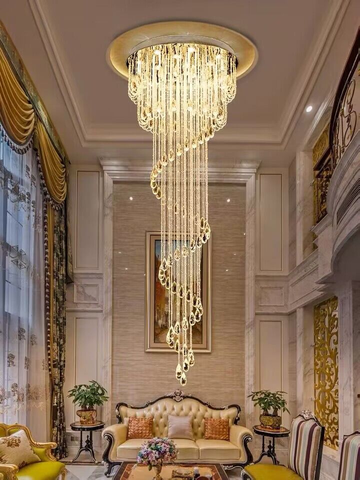 extra large, oversized, luxury, crystal, stainless steel, staircase,spiral,cascade, modern, chandelier, duplex building, China, shining