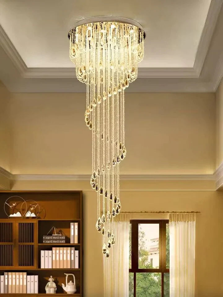 extra large, oversized, luxury, crystal, stainless steel, staircase,spiral,cascade, modern, chandelier, duplex building, China, shining