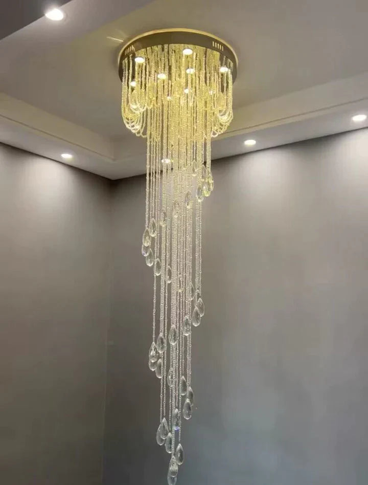 extra large, oversized, luxury, crystal, stainless steel, staircase,spiral,cascade, modern, chandelier, duplex building, China, shining