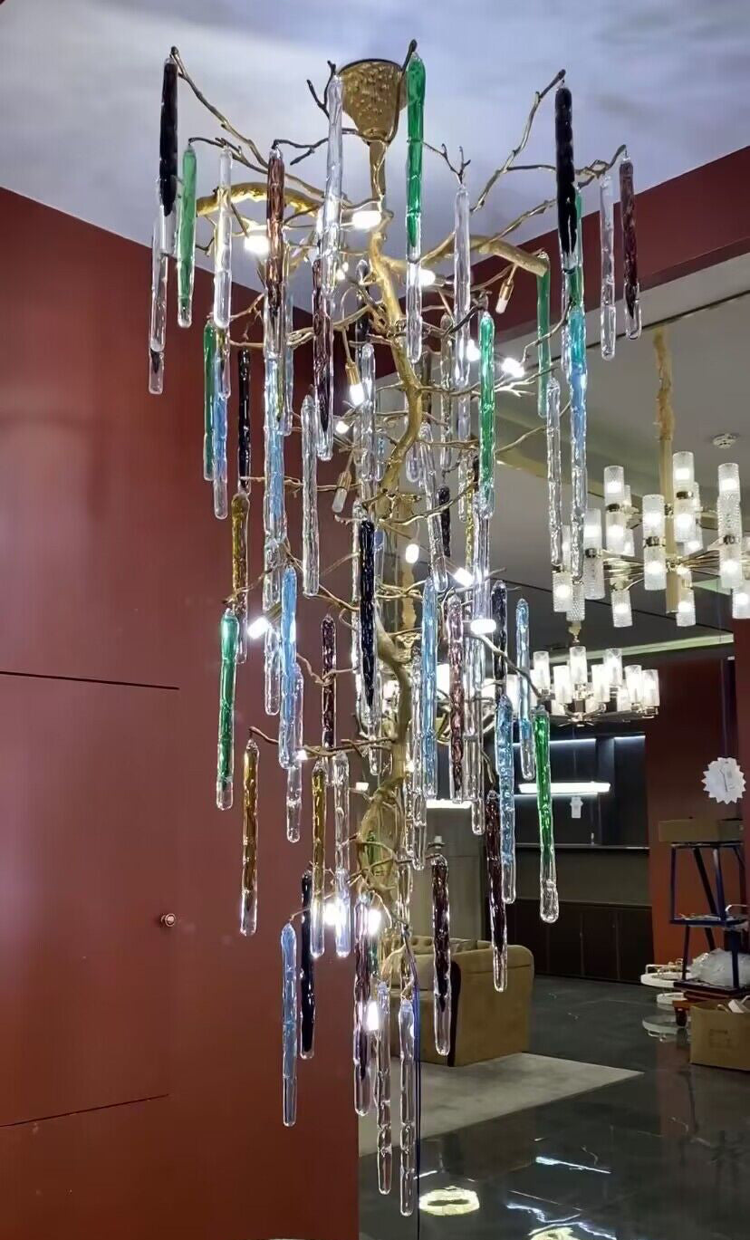 colorful, creative, Modern Light Luxury Brass Branches Colored Glass Column Chandelier for Staircase/Living Room/High-ceiling Space,special,unique,gorgeous, dimmable