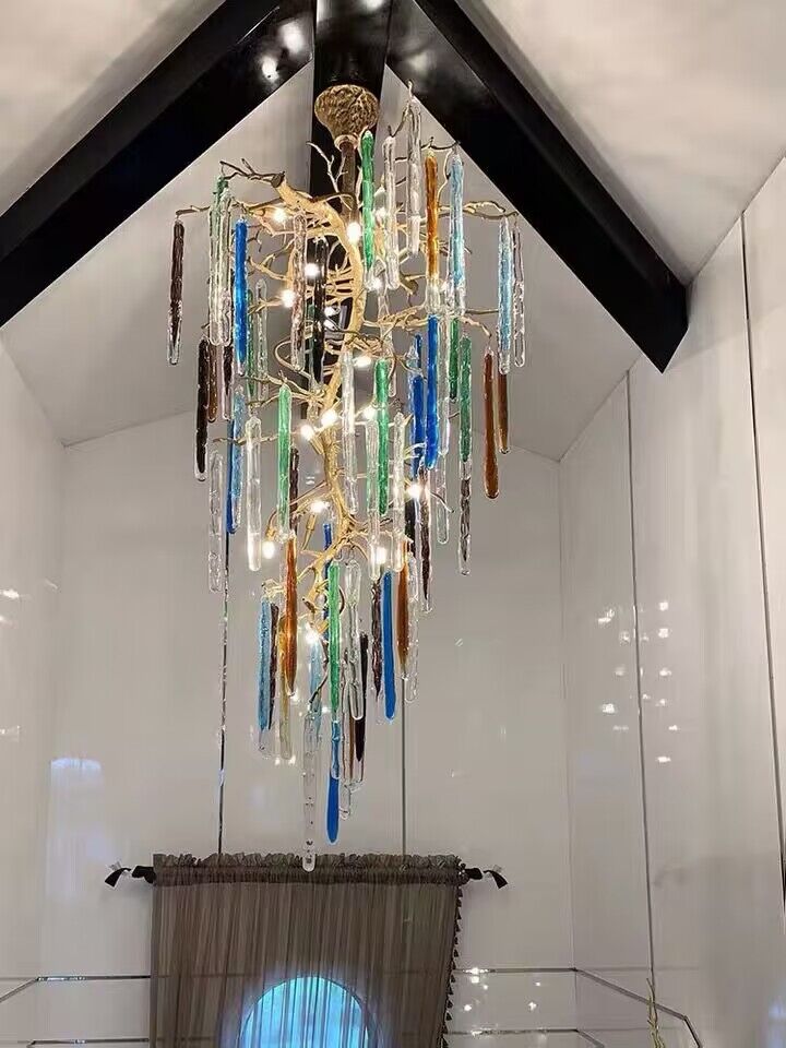 colorful, creative, Modern Light Luxury Brass Branches Colored Glass Column Chandelier for Staircase/Living Room/High-ceiling Space,special,unique,gorgeous, dimmable