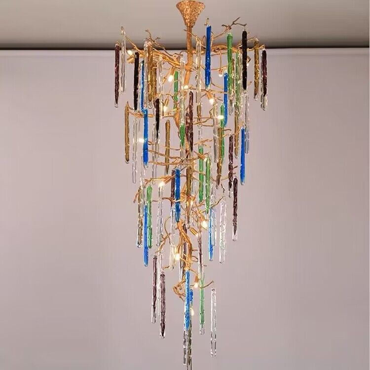 colorful, creative, Modern Light Luxury Brass Branches Colored Glass Column Chandelier for Staircase/Living Room/High-ceiling Space,special,unique,gorgeous, dimmable