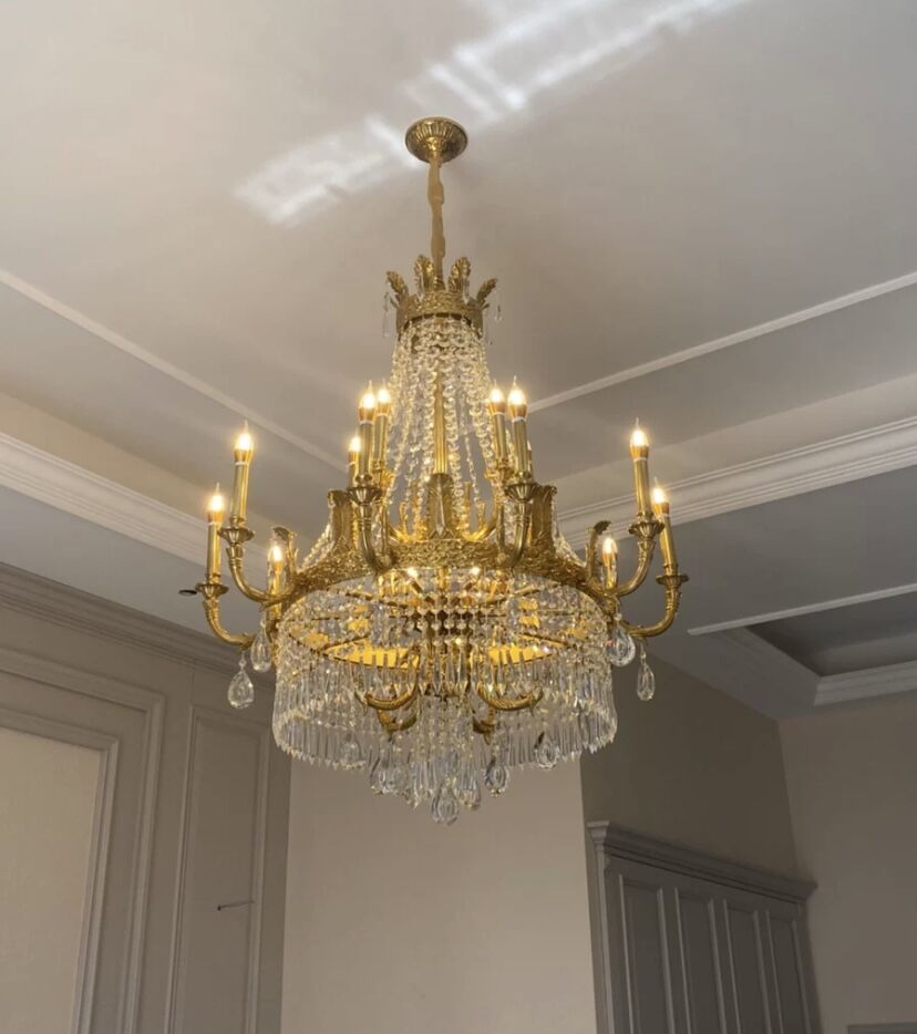  Large Oversized Luxury Golden Metal Brass  Candle Crystal Tassel Chandelier  For High-ceiling Staircase/Entryway/Hallway/Living/Meeting Room