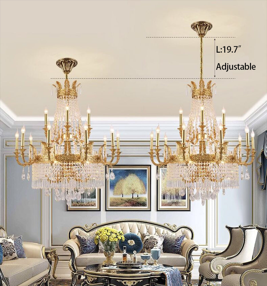  Large Oversized Luxury Golden Metal Brass  Candle Crystal Tassel Chandelier  For High-ceiling Staircase/Entryway/Hallway/Living/Meeting Room