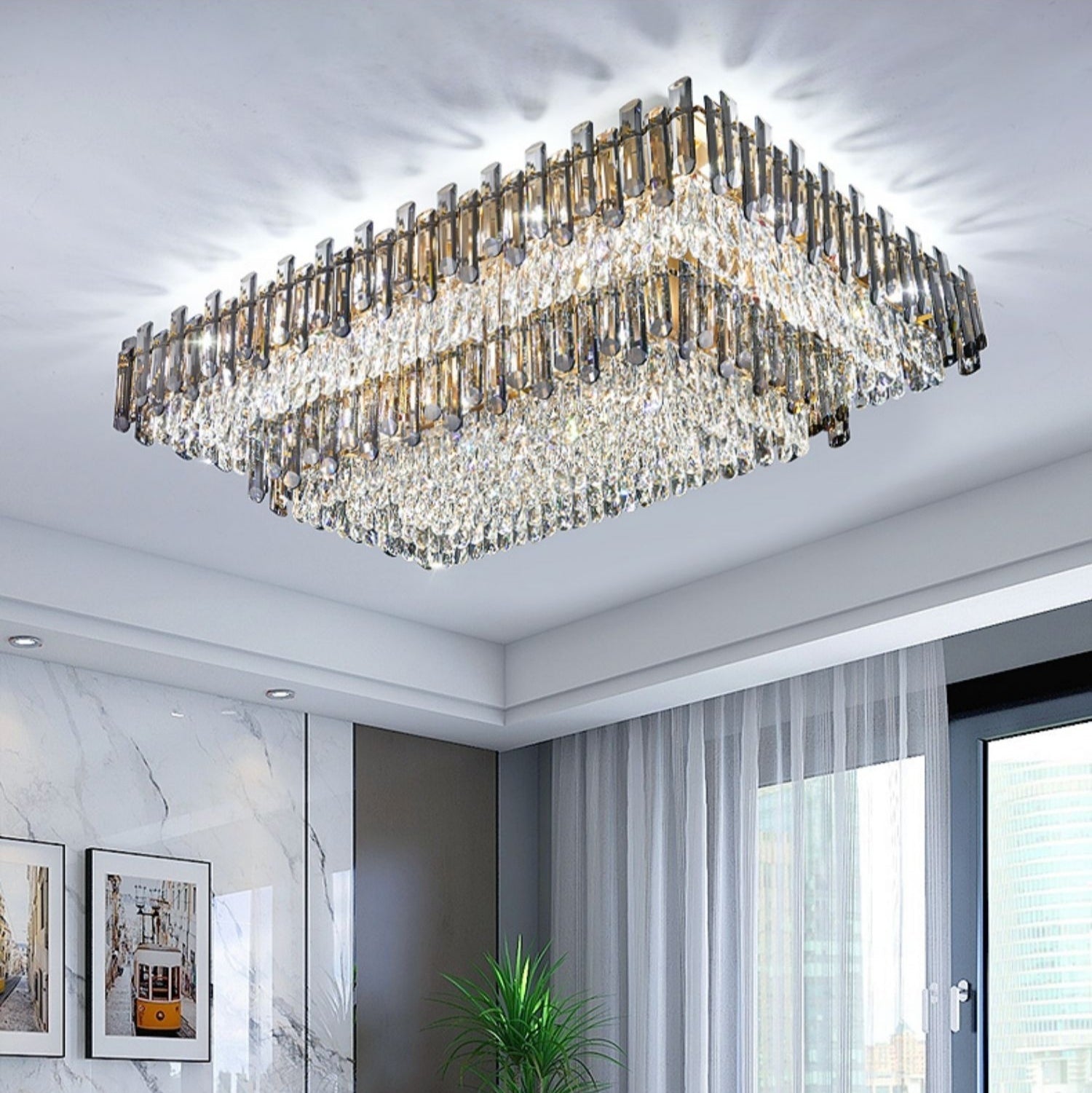 Rectangle Flush Mounted Living Room Chandelier Crystal Ceiling Light Fixture For Long Dining Table