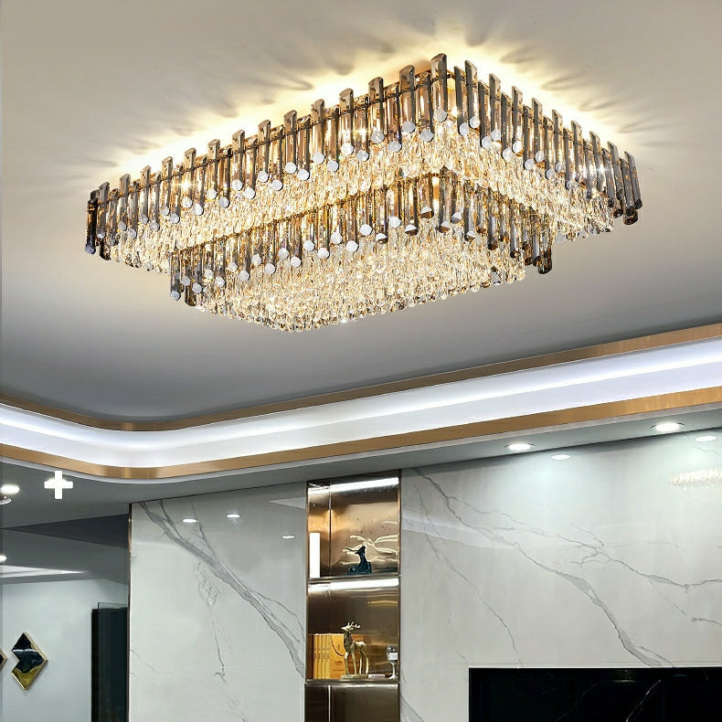 Rectangle Flush Mounted Living Room Chandelier Crystal Ceiling Light Fixture For Long Dining Table