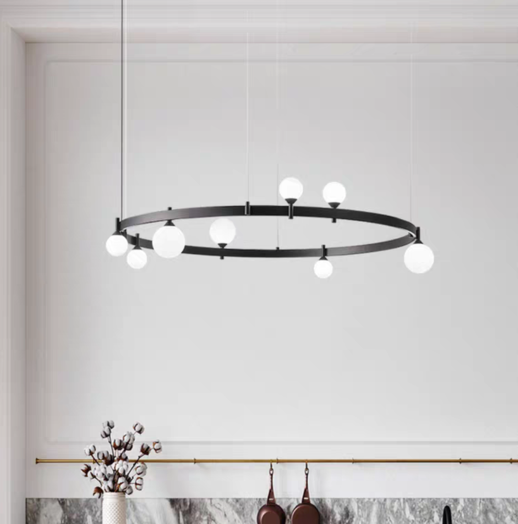 Oversized Minimalist Black Iron Ring Glass Light Chandelier for Living/Dining Room