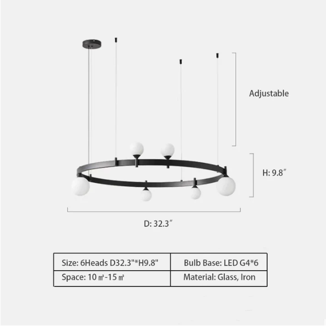 Round: 6Heads D32.3"*H9.8" chandelier,chandeliers,glass,white,iron,black,rings,round,circle,6 heads,8 heads,ceiling,living room,dining room,dining table,long table,kitchen island,kitchen bar,dining bar