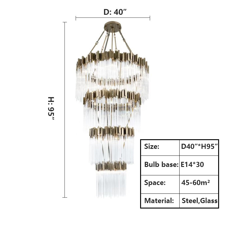 D40"*H95"Large Elegant Multi-layers Glam Glass Metal Edging Chandelier for High-ceiling Staircase/Entryway/Living/meeting Room