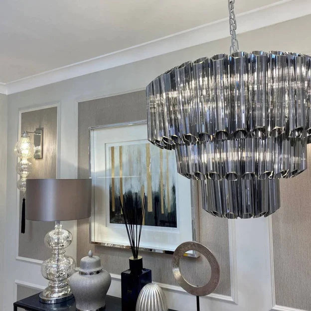 Modern Art Design 4/7-Light Smoky Gray/Clear Layered Glass Chandelier